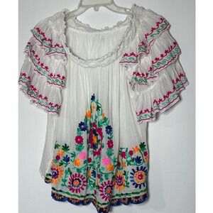 Ruby Yaya Embroidered Blouse‎ Womens Small White Boho Floral Ruffle Sleeve Top